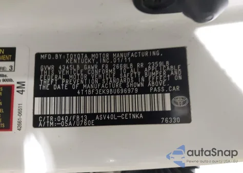 2011 Toyota Camry Le from USA, damaged, VIN 4T1BF3EK9BU696979